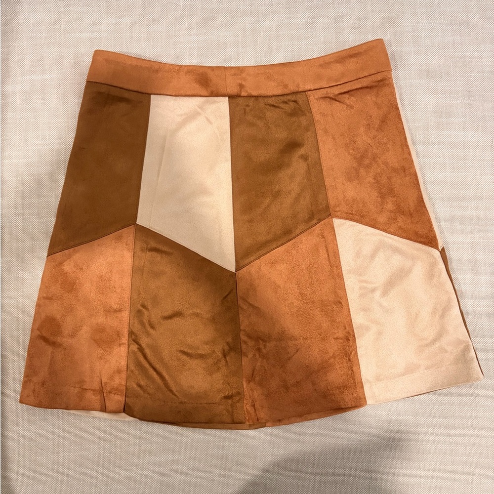 ✨Perfect for Coachella✨ Altar'd State Patchwork Mini Skirt in Tan and Cream